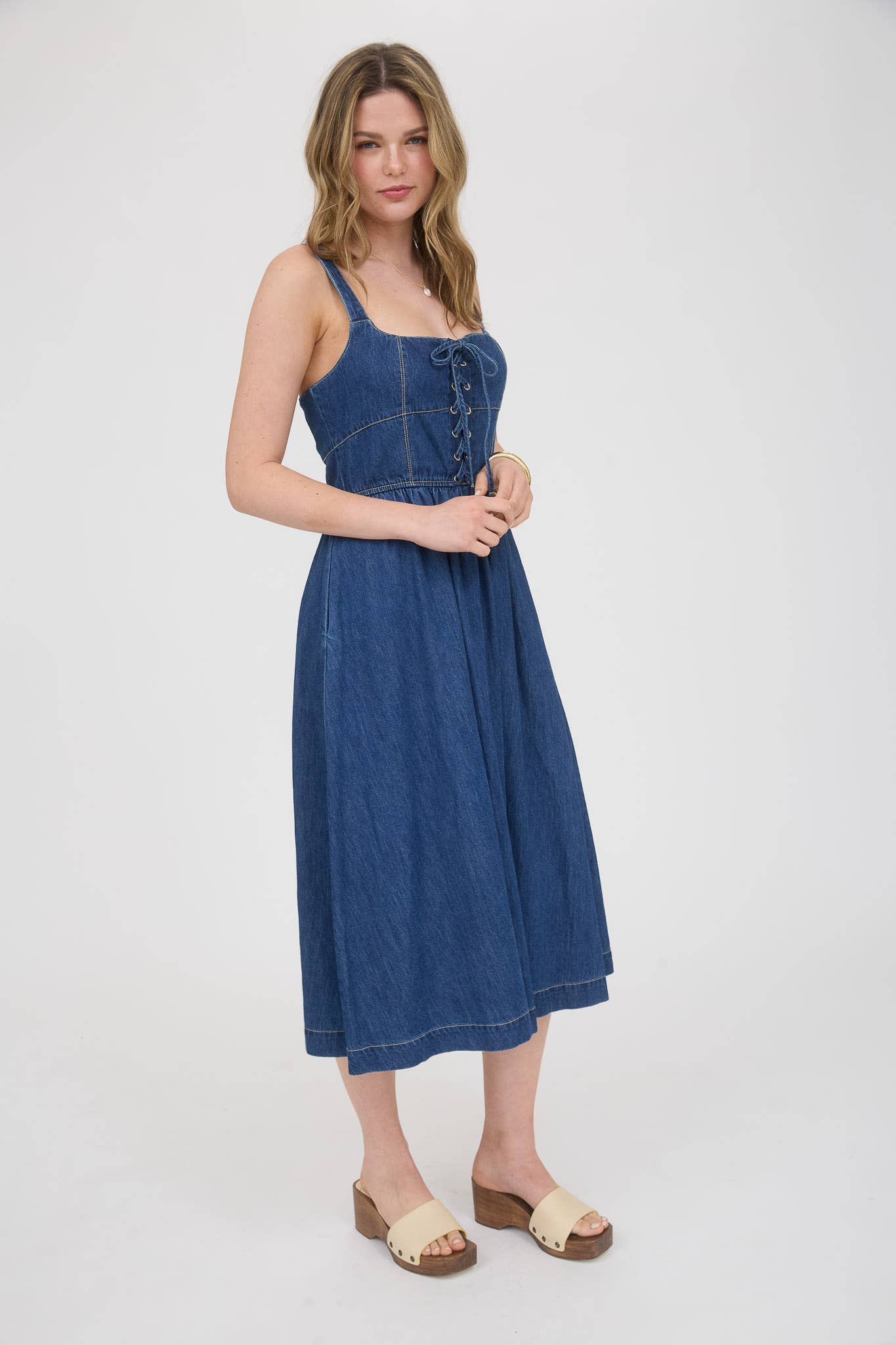 Lace Up Sleeveless Denim Midi Dress
