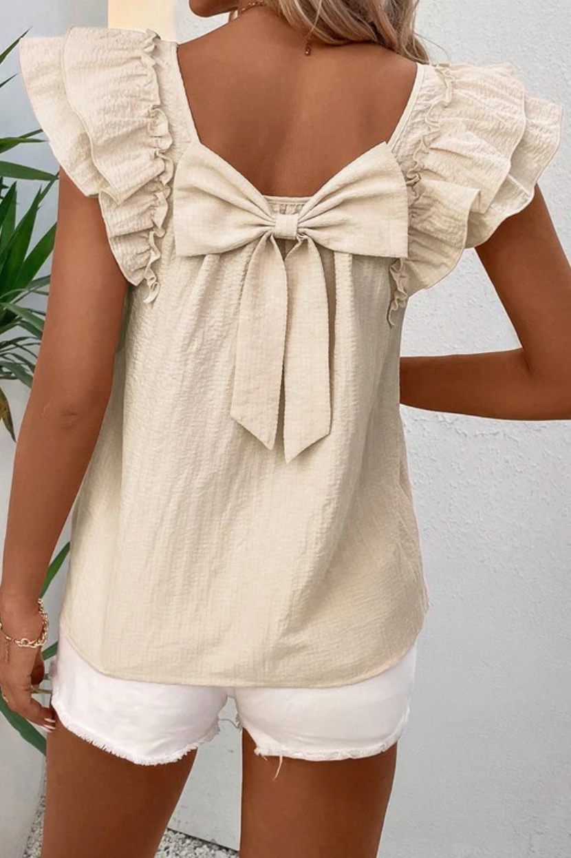 Ruffle Shoulder Beige Back Bow Blouse