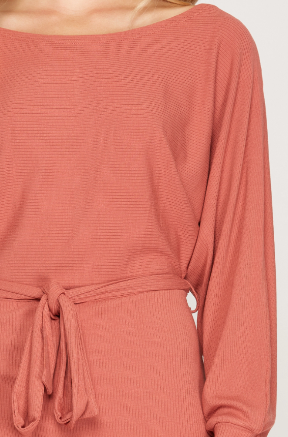 slate red long dolman sleeve ribbed knit dress