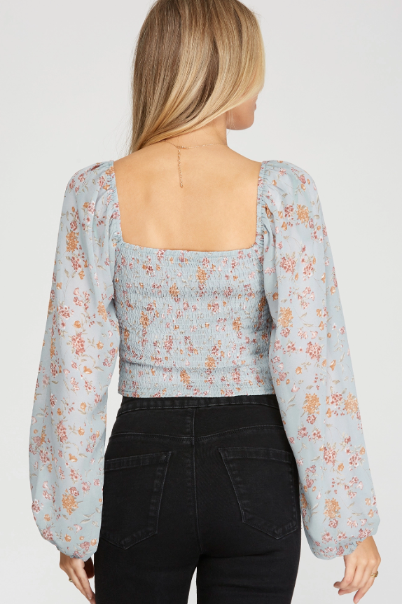 long sleeve floral ruched top