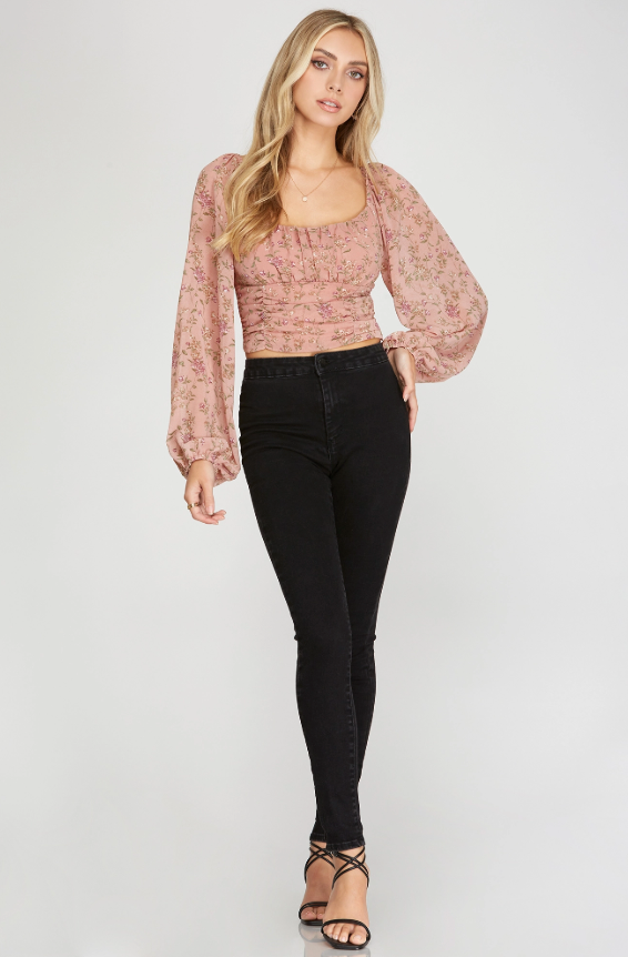 long sleeve floral ruched top