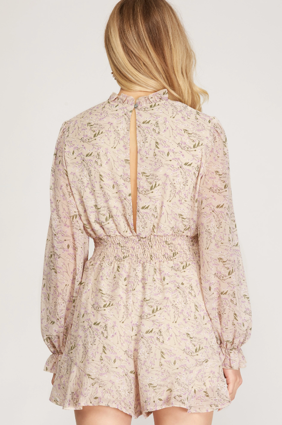 taupe long sleeve smocked romper