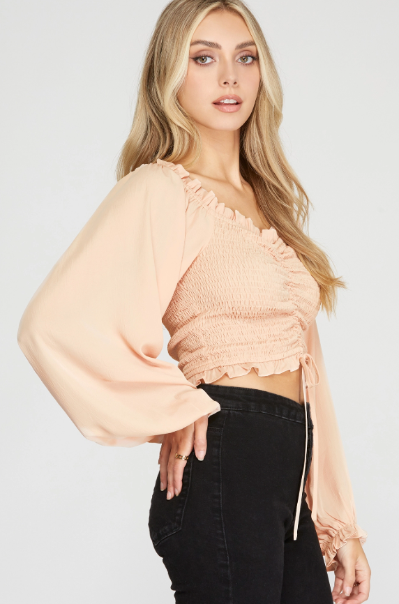 peach long sleeve ruched top