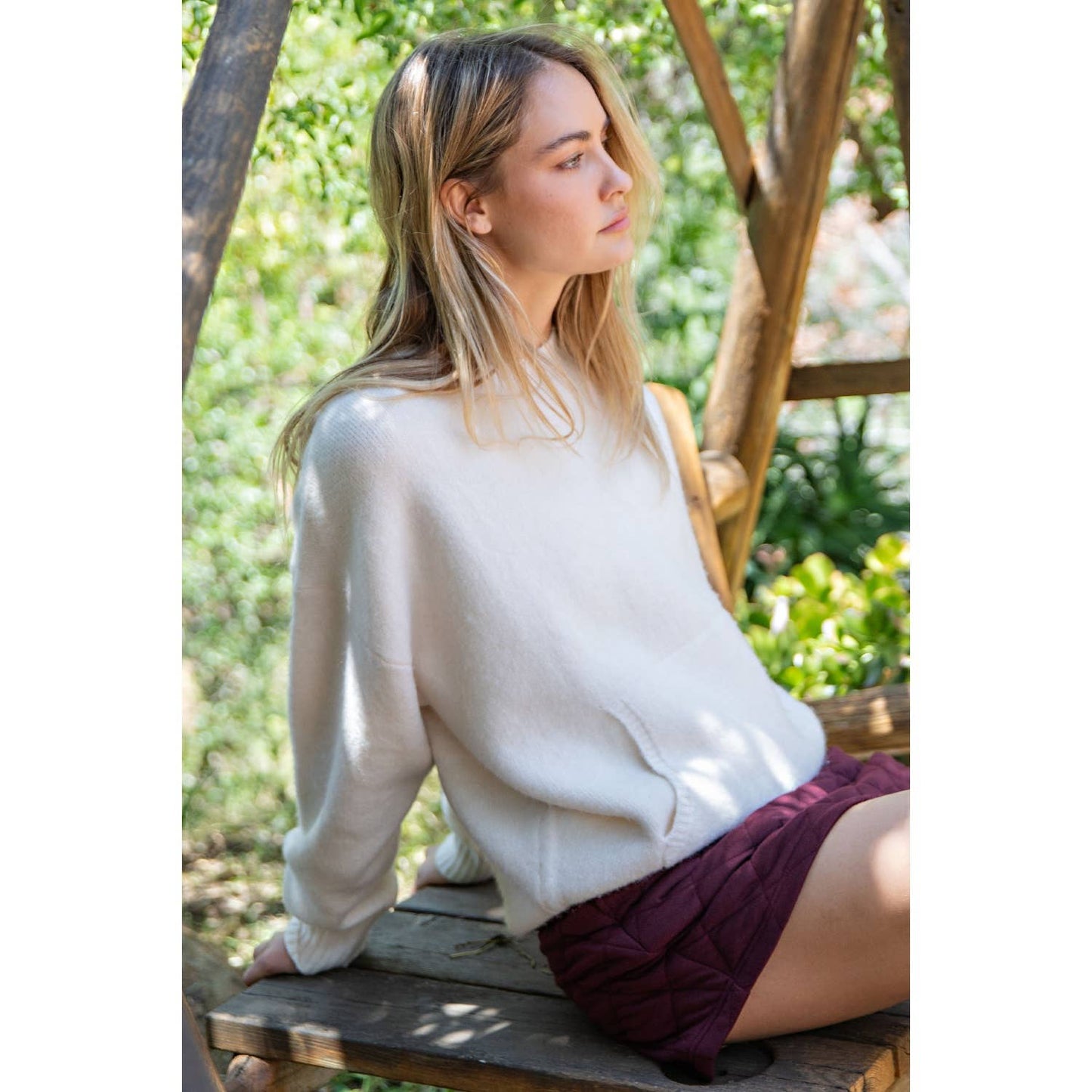 Rae Mode Crew Neck Sweater with Kangaroo Pocket in Ivory
