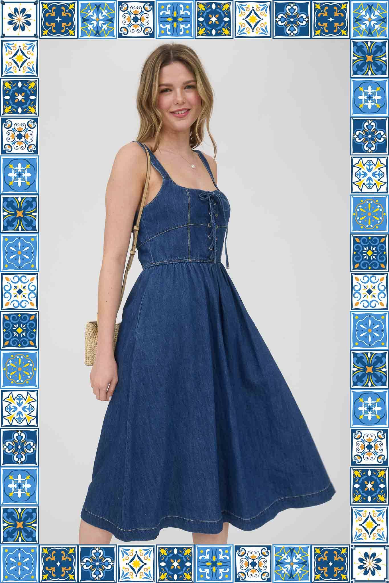 Lace Up Sleeveless Denim Midi Dress