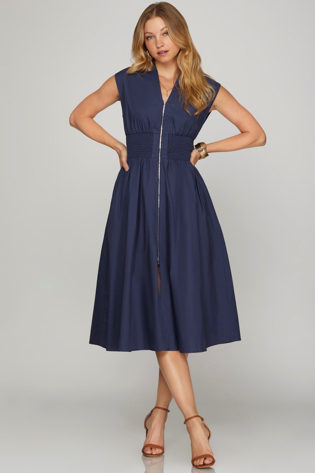 Front Zip Midi Dress with Pockets