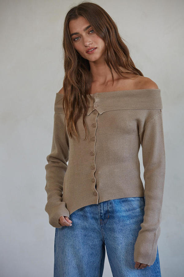 Off Shoulder Foldover Light Mocha Cardigan