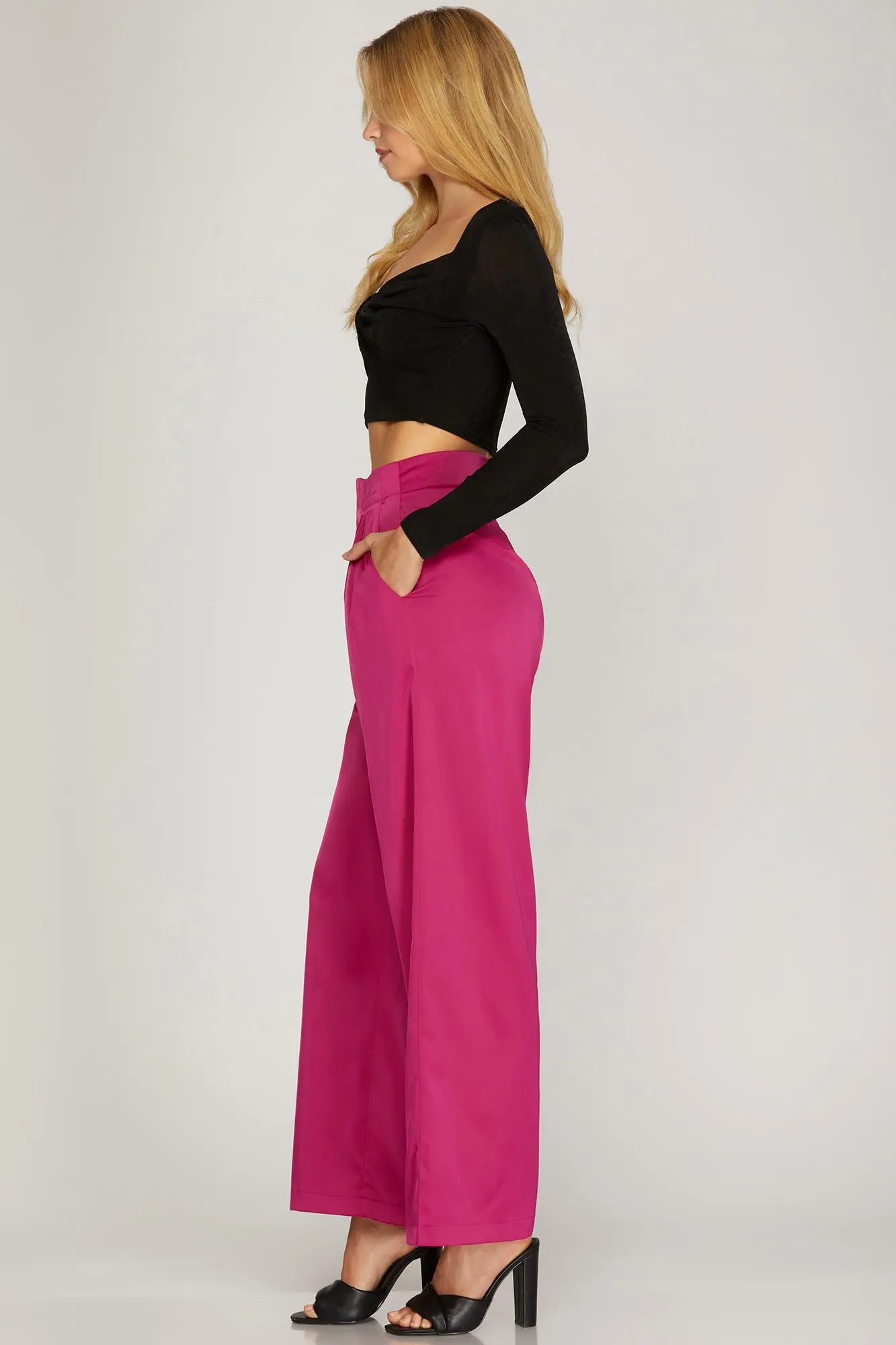 Hot Pink Satin Long Pants with Pleats