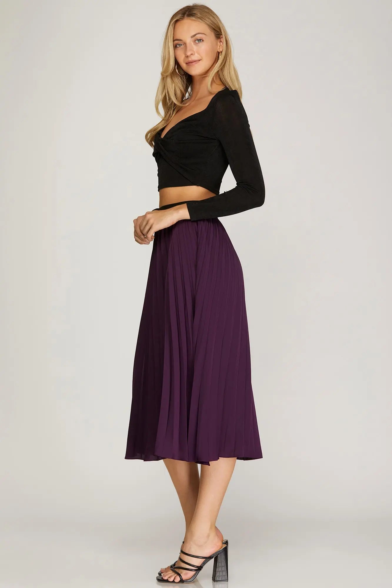 Eggplant Pleated Satin Midi Skirt with Elastic Waistband