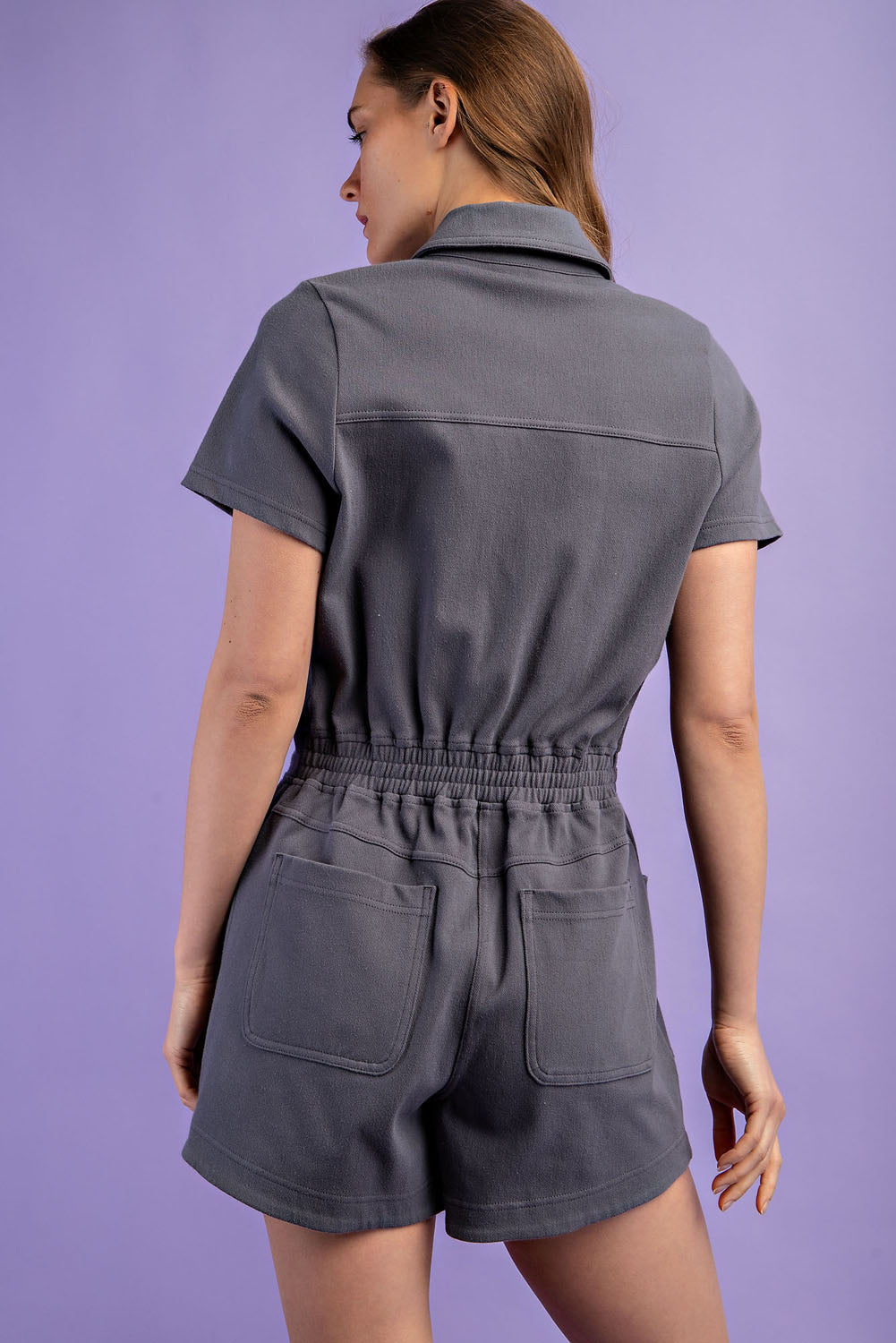 Cotton Stretch Twill Short Sleeve Romper