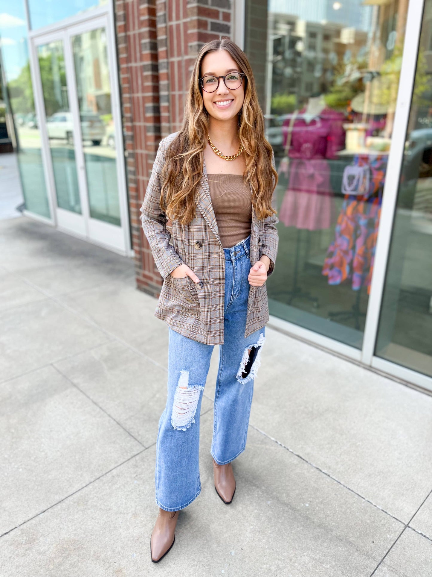 Preptastic Brown Orange Plaid Blazer