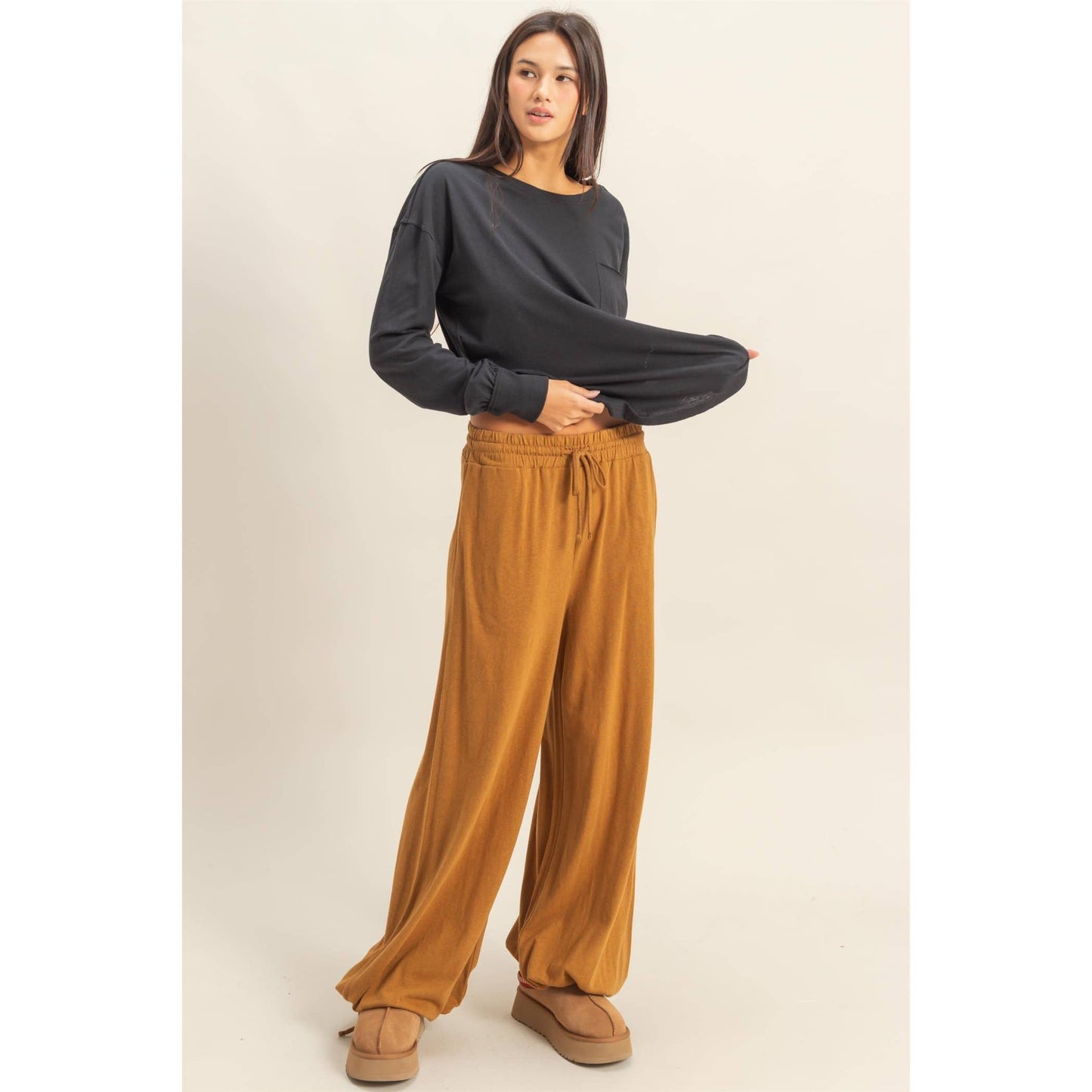 High Waist Drawstring Wide Leg Pants
