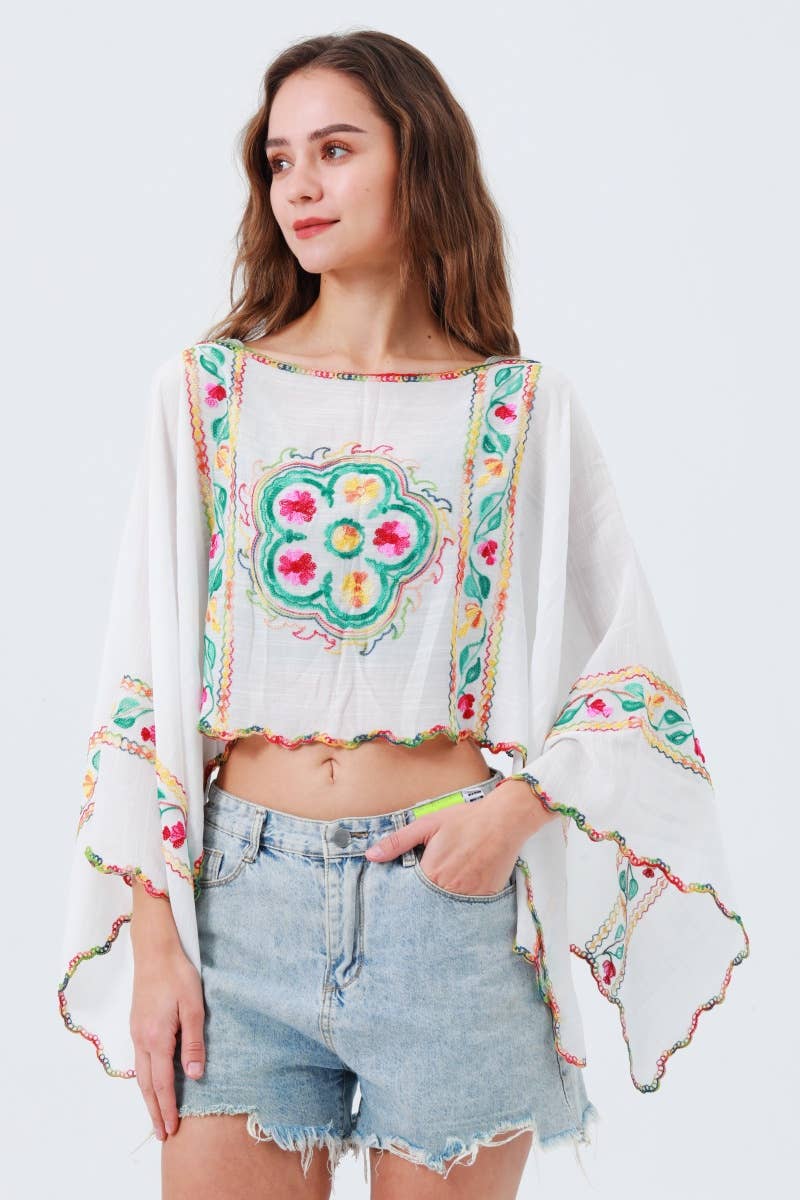 White Reversible Embroidered Floral Kimono