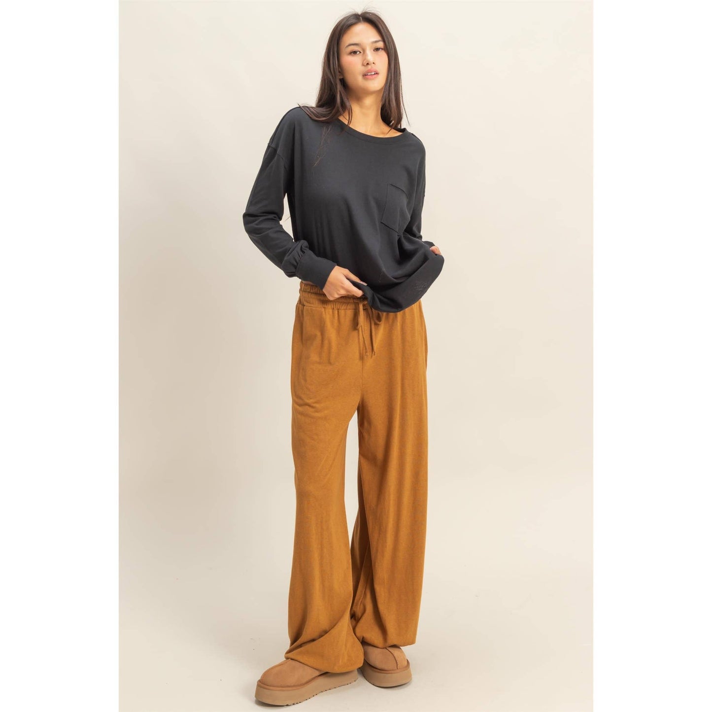 High Waist Drawstring Wide Leg Pants