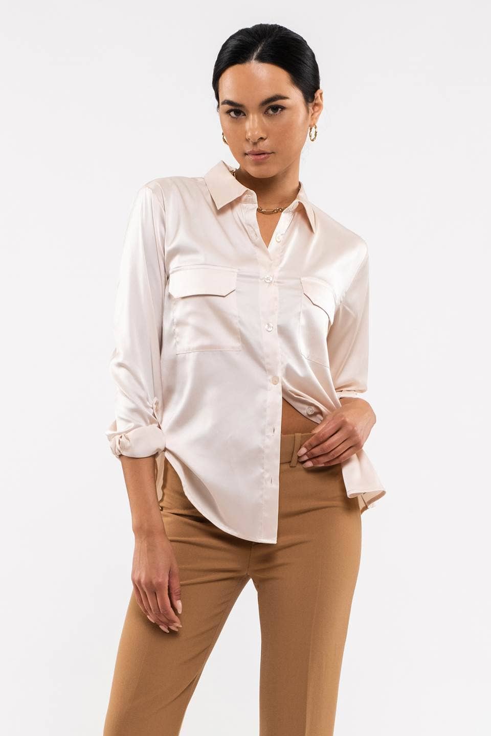 Satin Roll Sleeve Blouse