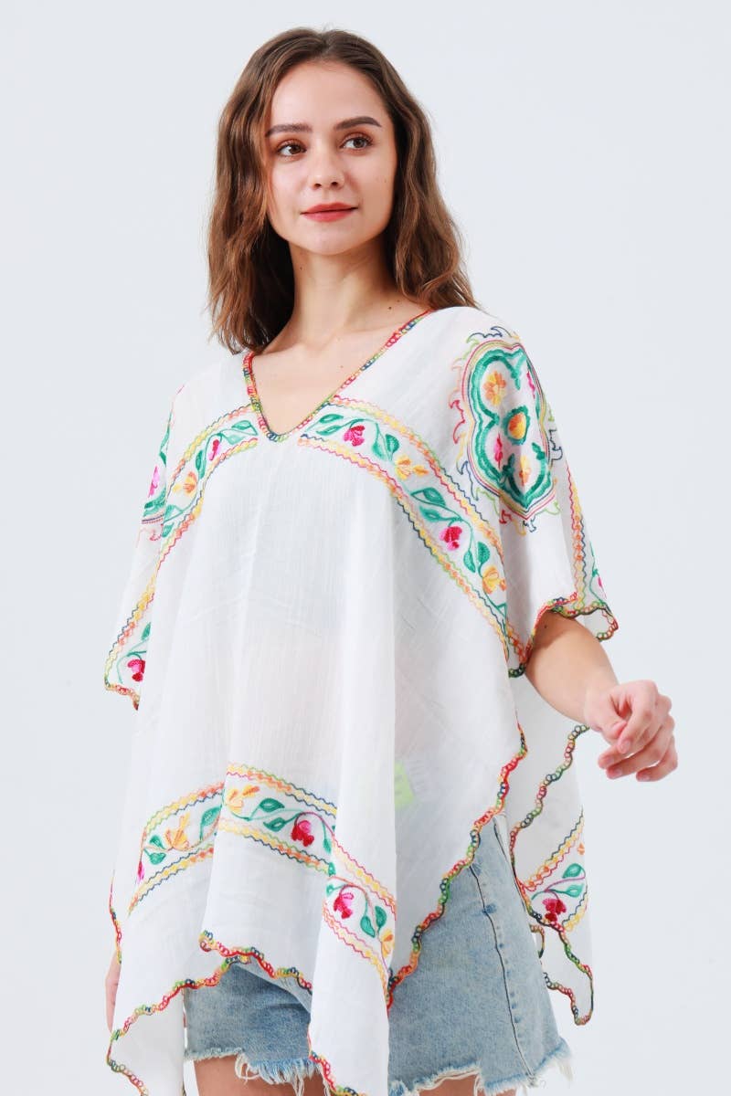 White Reversible Embroidered Floral Kimono