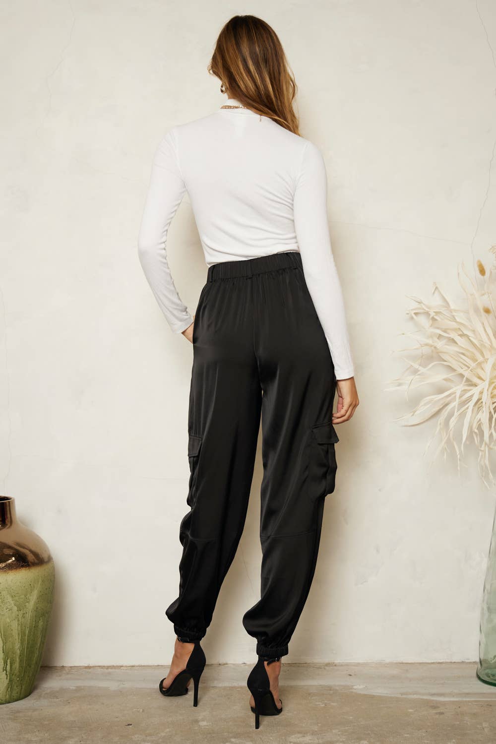 High Waisted Satin Cargo Joggers