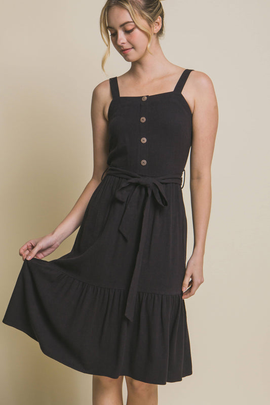 Linen Midi Dress with Waist Tie