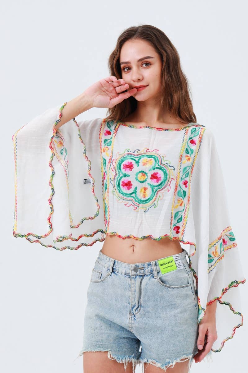 White Reversible Embroidered Floral Kimono
