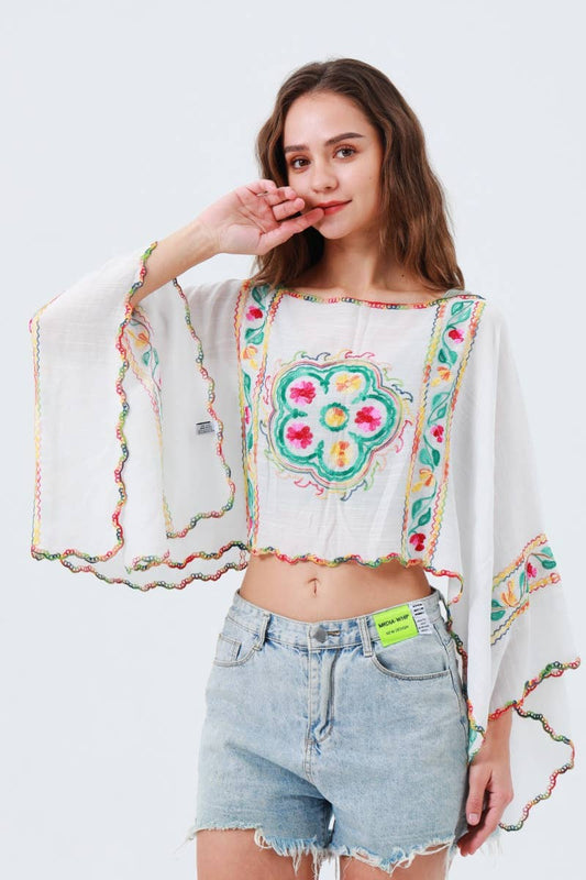White Reversible Embroidered Floral Kimono