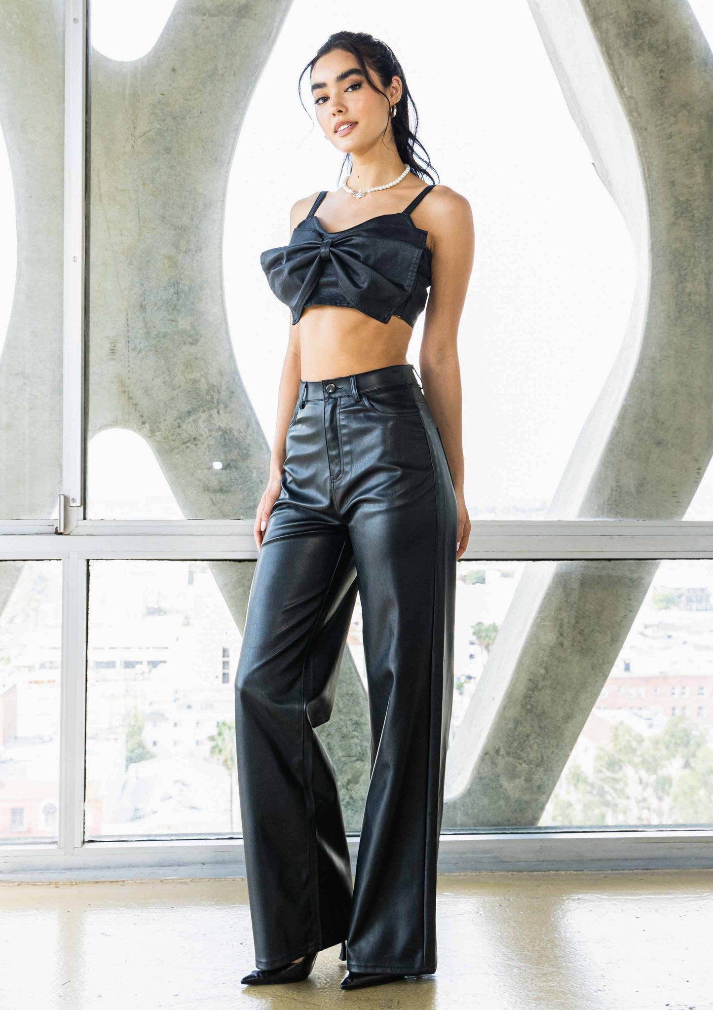 Vegan Black Leather Wide Leg Pants