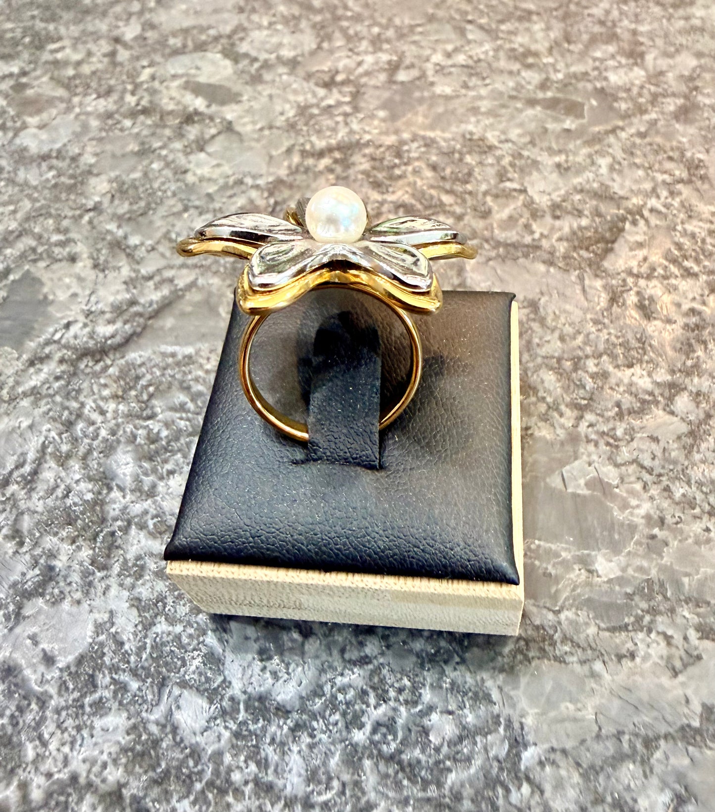 Gold & Pearl Adjusstable Flower Ring