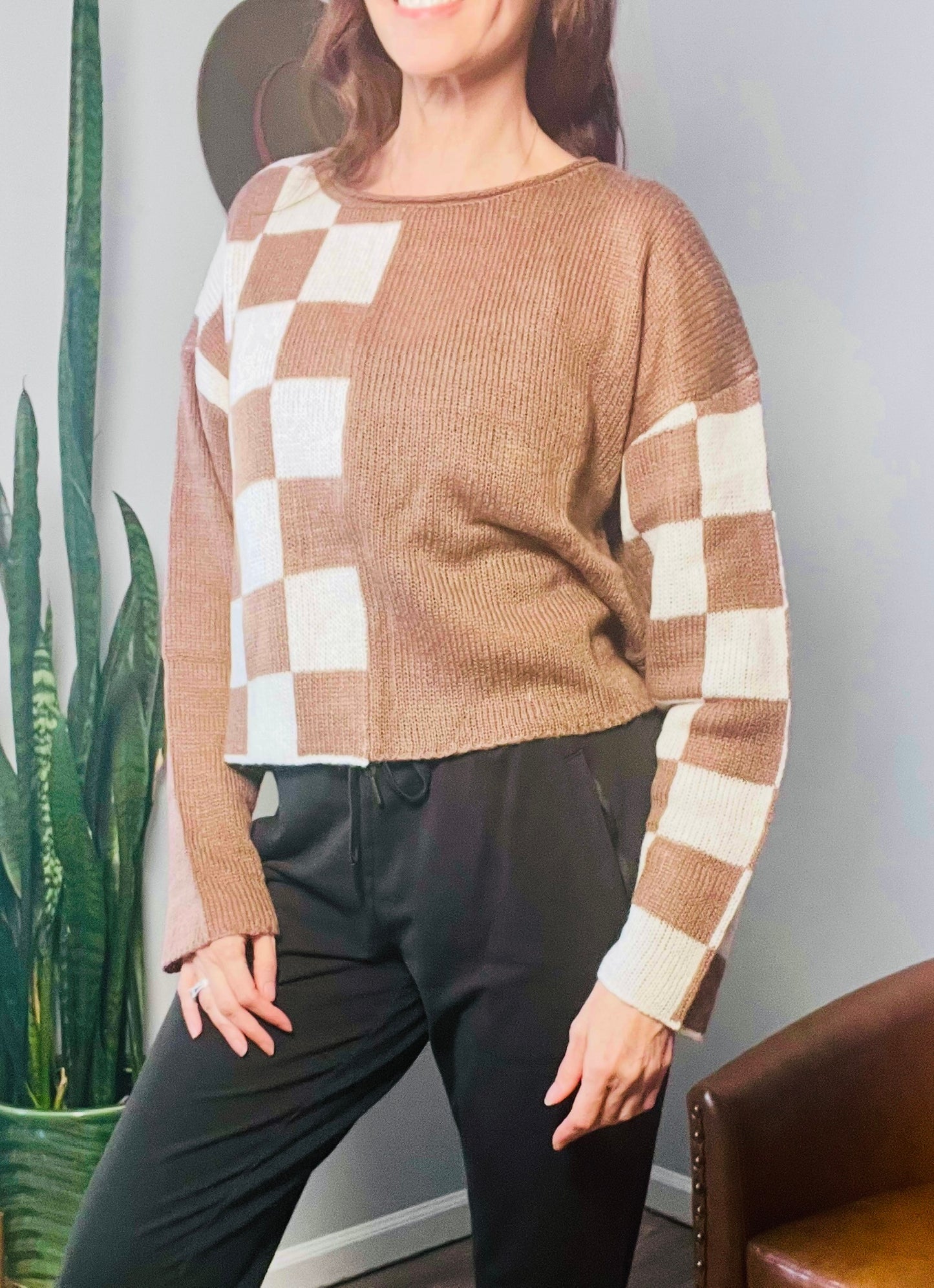 Checkerboard Sweater brown and cream