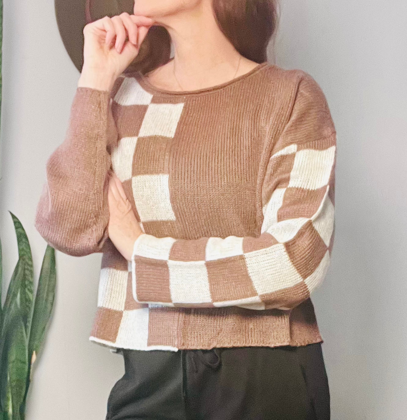 Checkerboard Sweater brown and cream