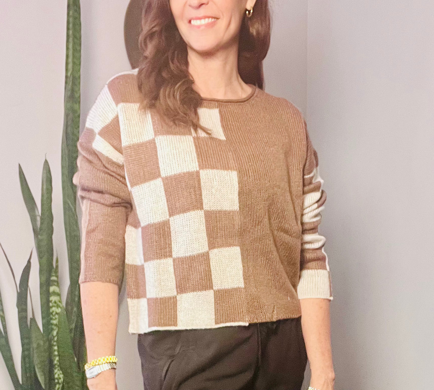 Checkerboard Sweater brown and cream