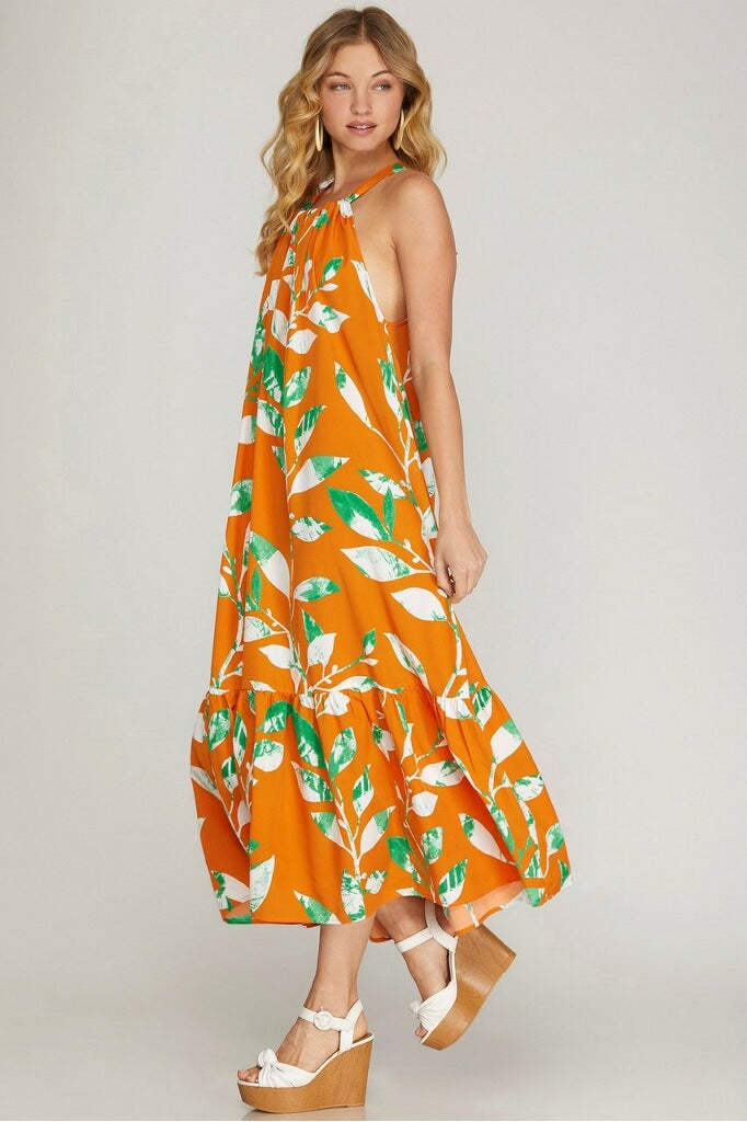 Floral Print Halter Neck Maxi Dress