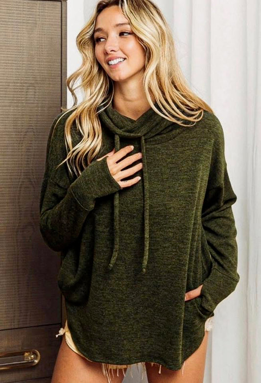 Long Sleeve Olive Cowl Neck