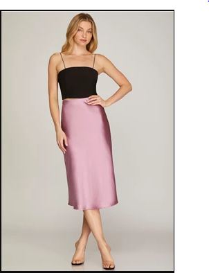 Mauve Satin High-Waisted Midi Skirt