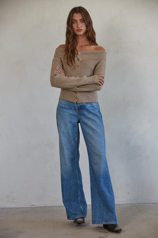 Off Shoulder Foldover Light Mocha Cardigan