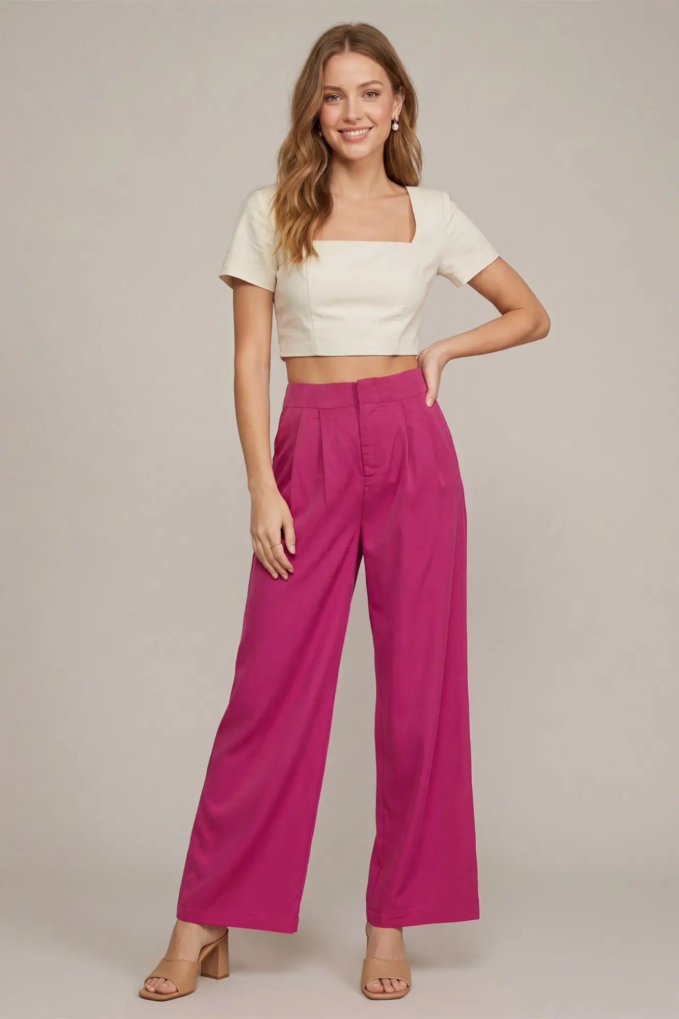 Hot Pink Satin Long Pants with Pleats