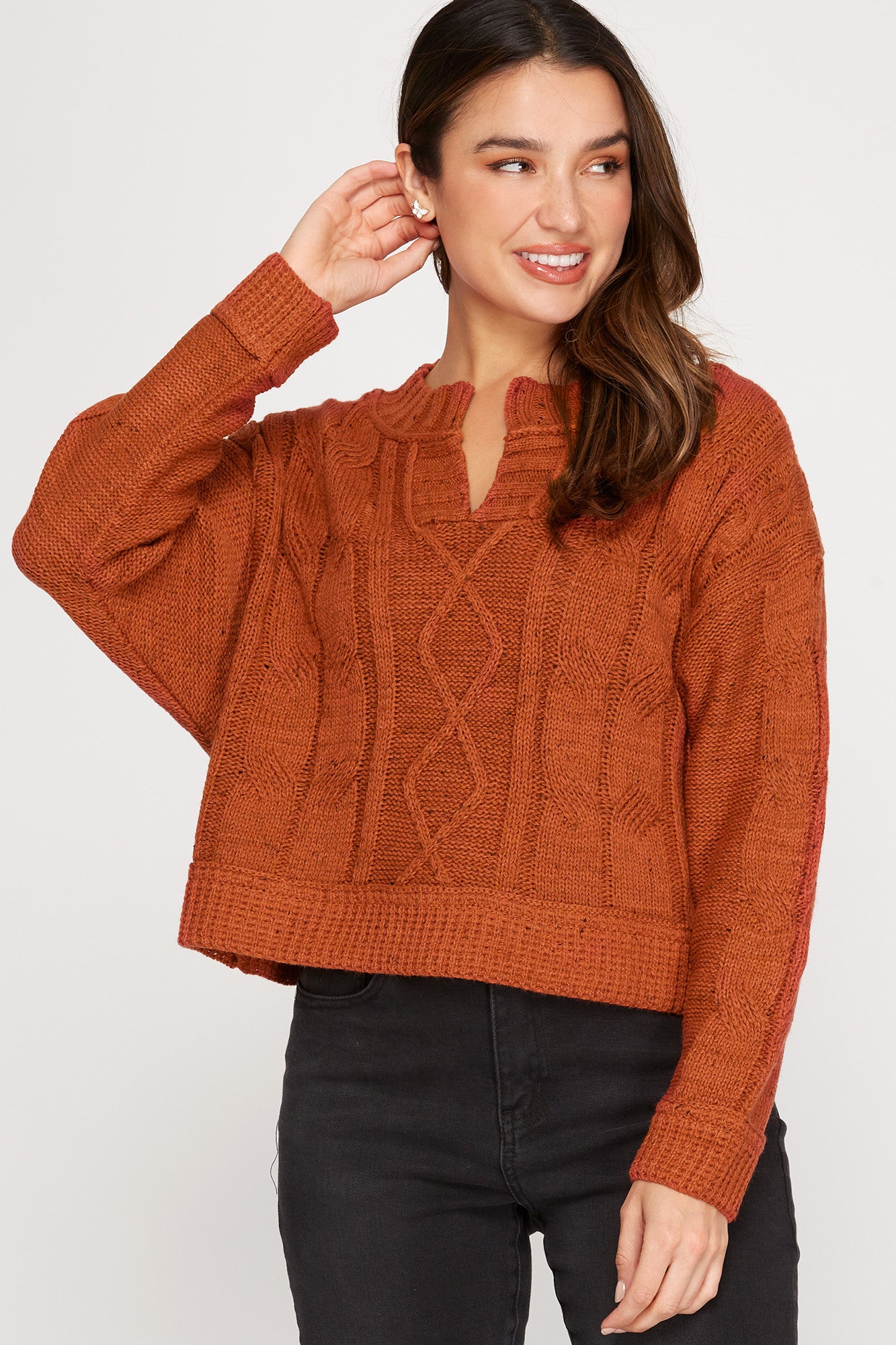 Long Sleeve Cable Knit Rust Sweater