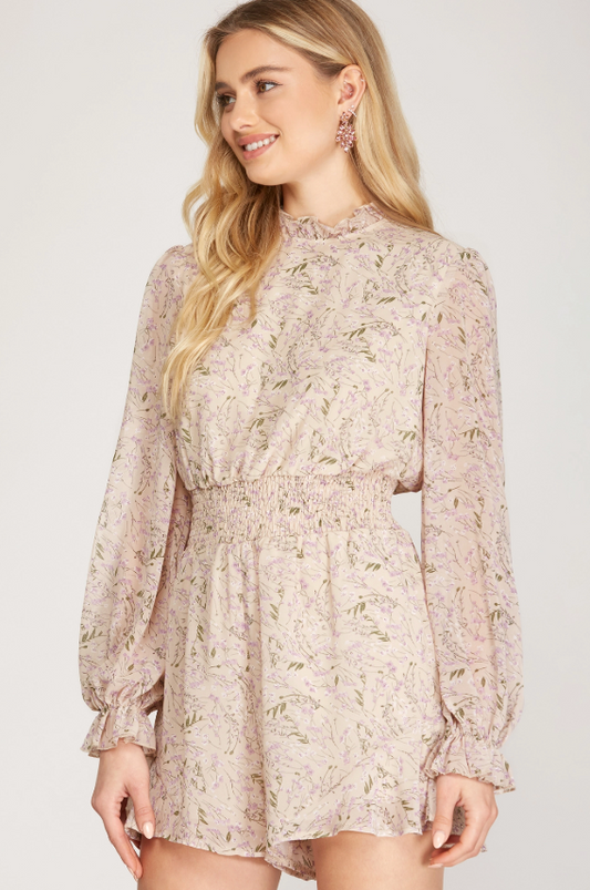 taupe long sleeve smocked romper