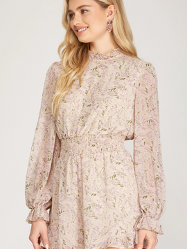 taupe long sleeve smocked romper