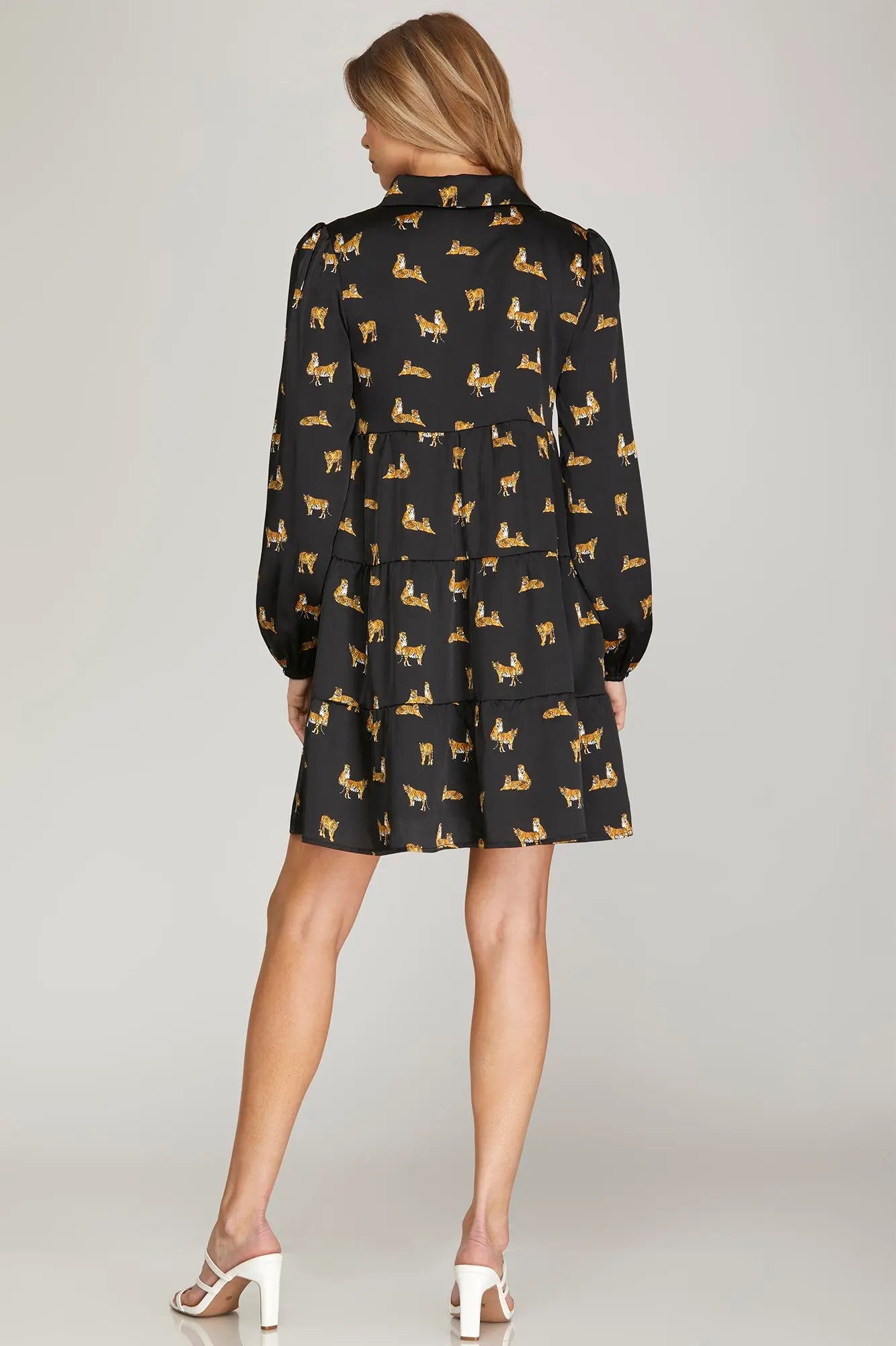 Black Tiger Button Down Tiered Dress