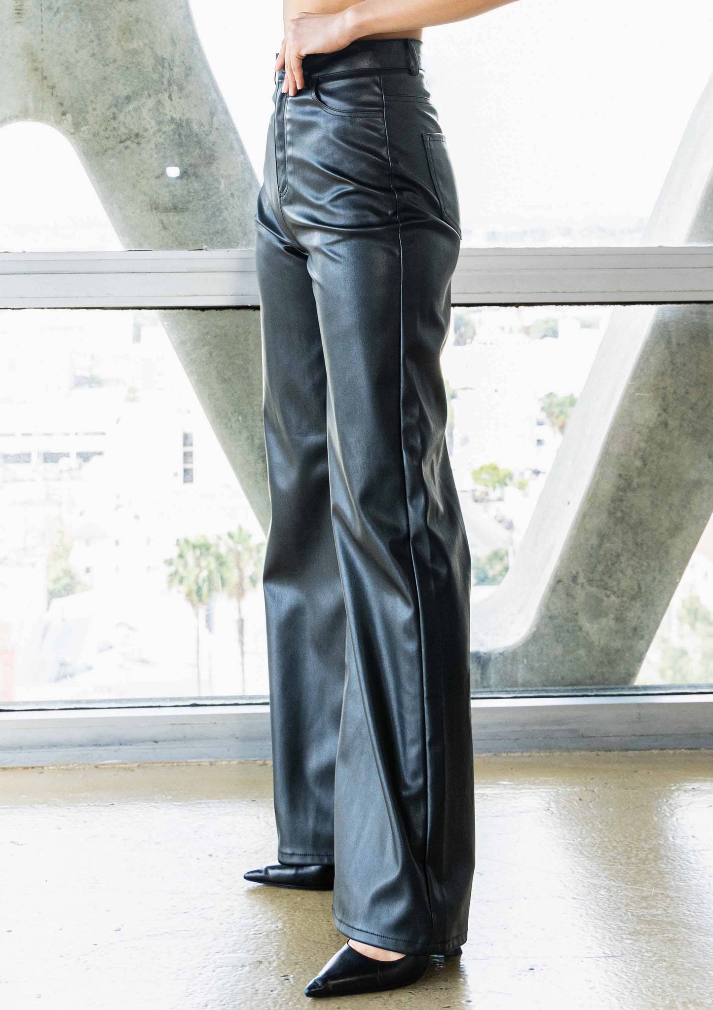 Vegan Black Leather Wide Leg Pants