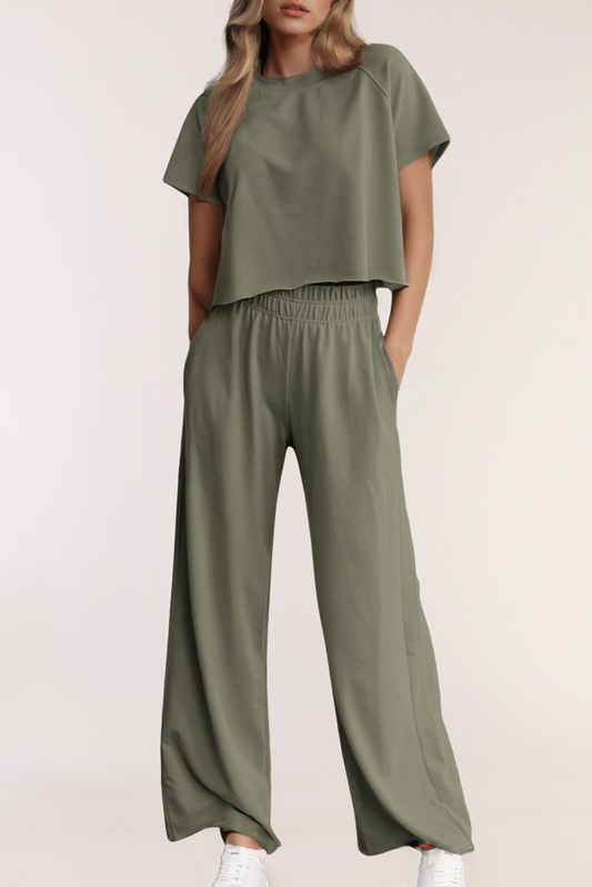 Raw Hem Loose Tee and Wide Leg Pants Set