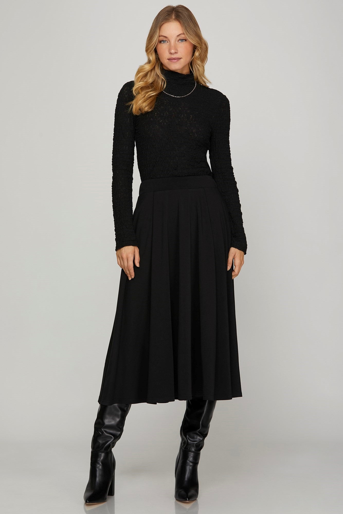 Front Pleated Midi Skirt with Pockets