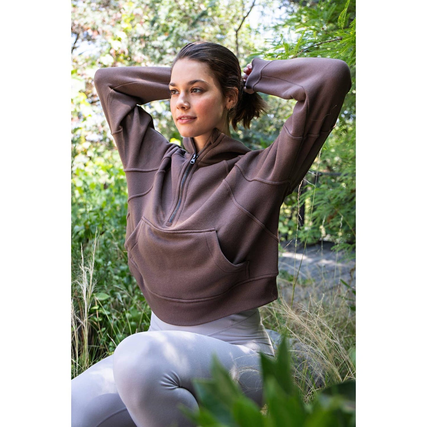 Rae Mode Fleece French Terry Cropped Quarter Zip Hoodie in Coffee