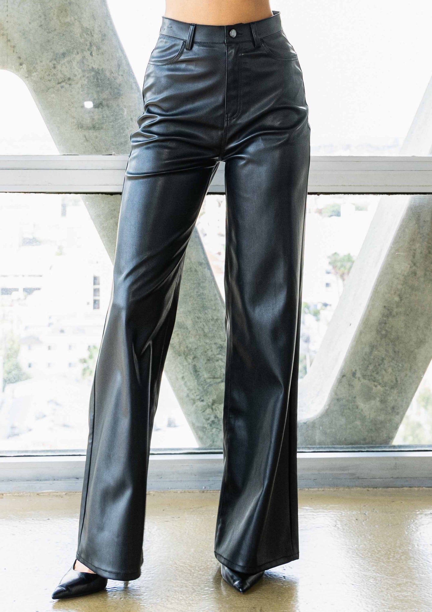 Vegan Black Leather Wide Leg Pants