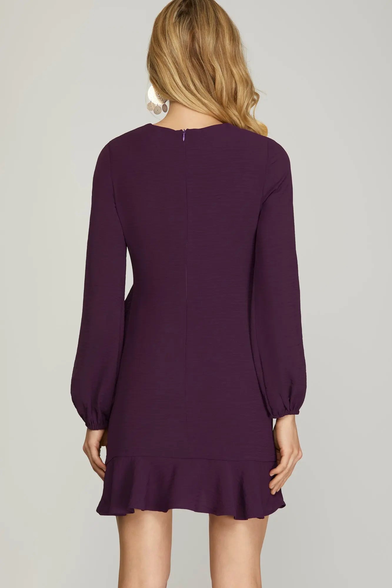Eggplant Long Sleeve Asymmetrical Hem Dress
