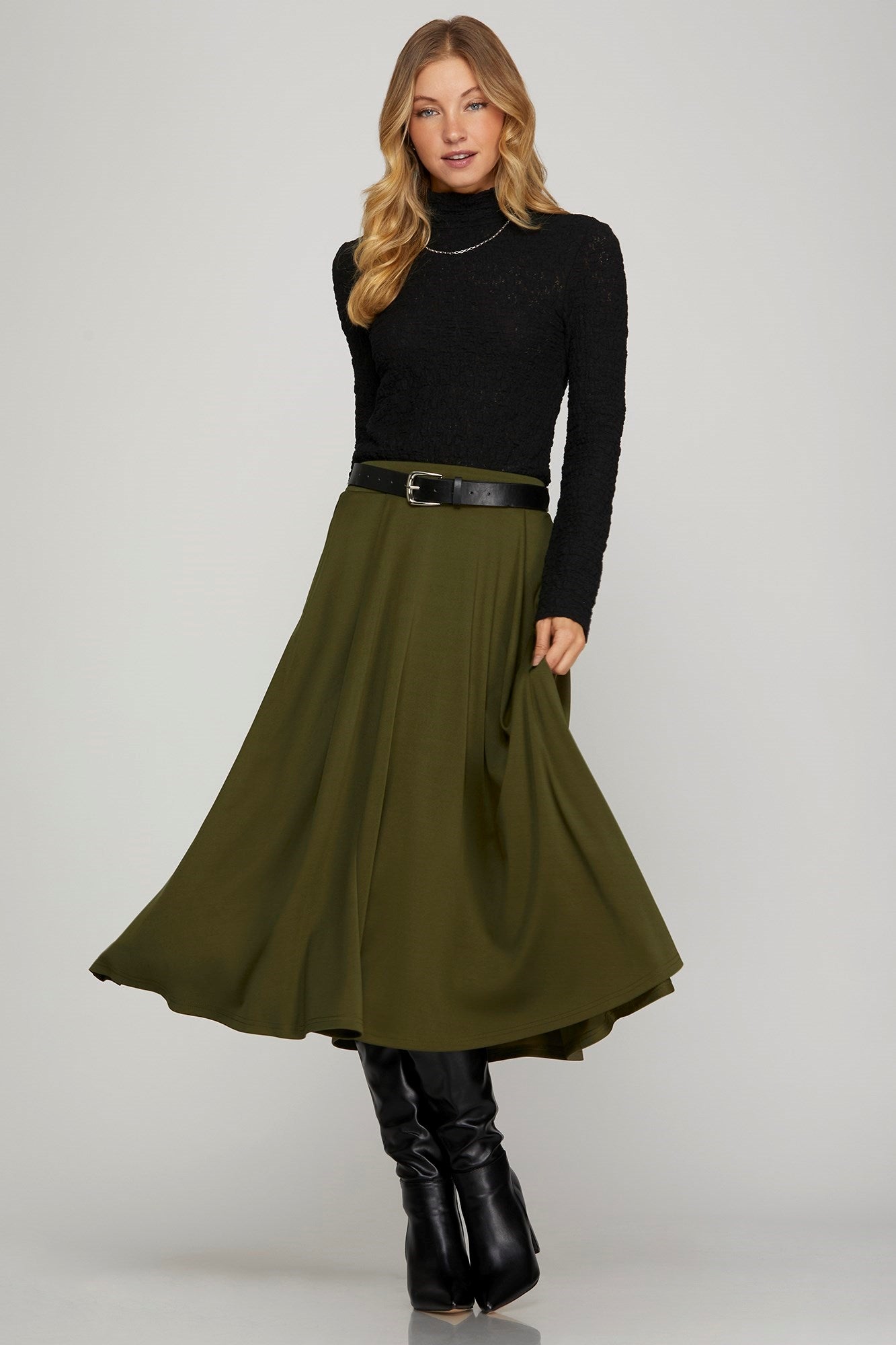 Front Pleated Midi Skirt with Pockets