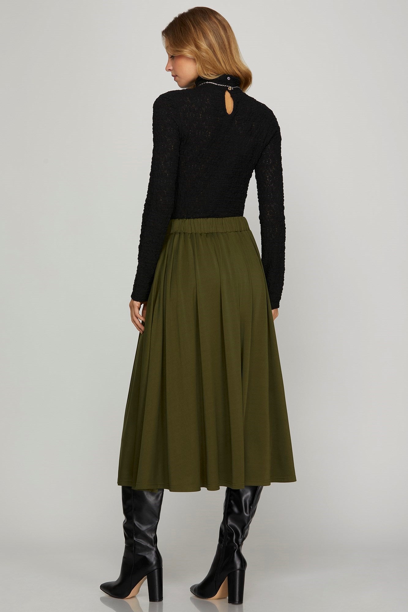 Front Pleated Midi Skirt with Pockets