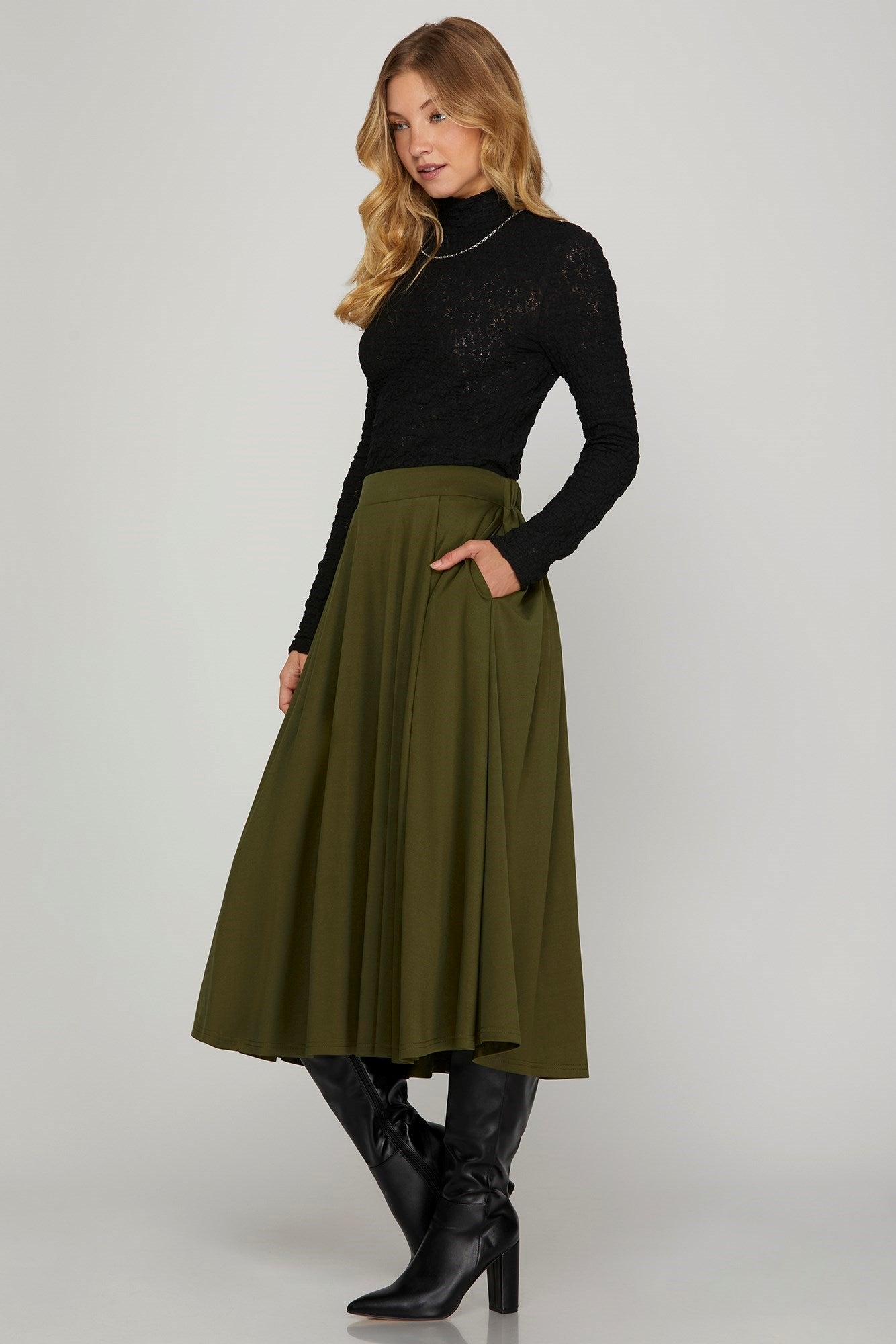 Front Pleated Midi Skirt with Pockets