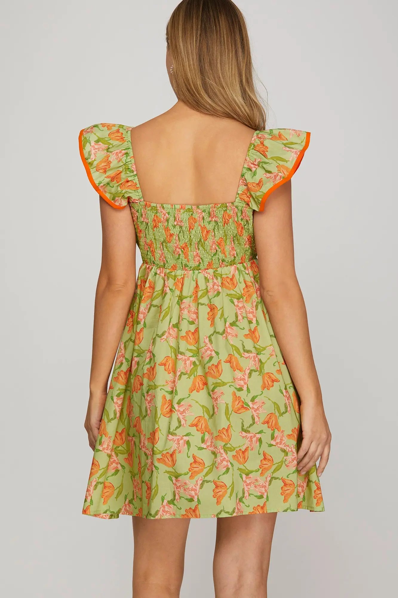 Green Floral Dress Orange Contrast Bow