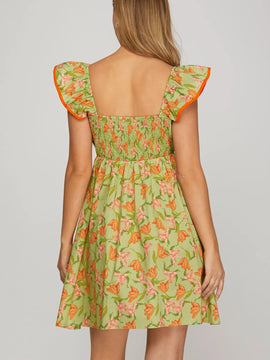 Green Floral Dress Orange Contrast Bow