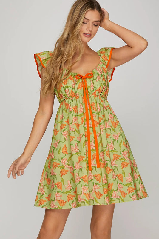 Green Floral Dress Orange Contrast Bow